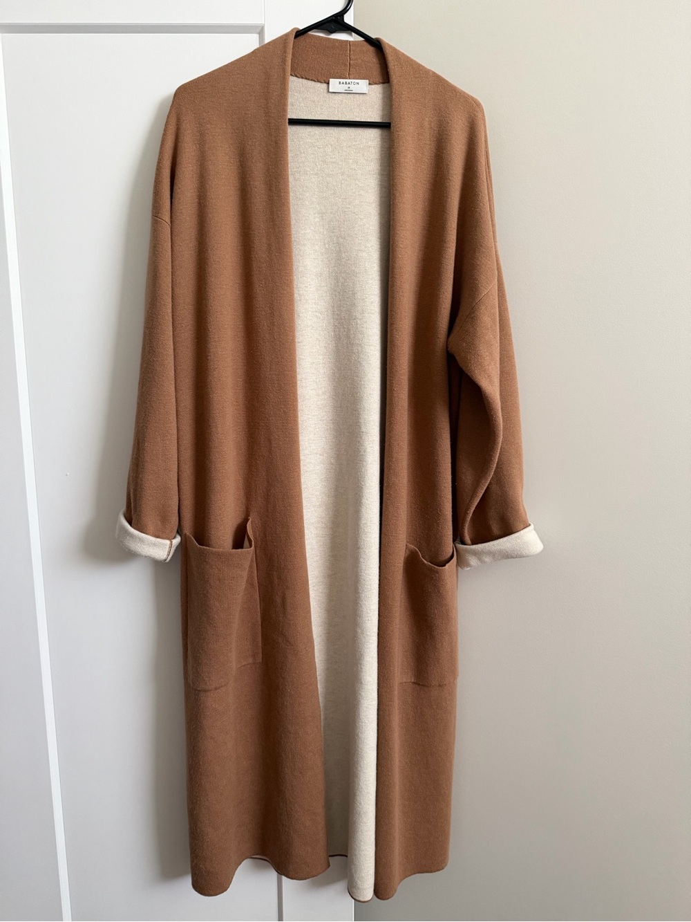 Aritzia Babaton Long Cardigan in Camel and Ivory
